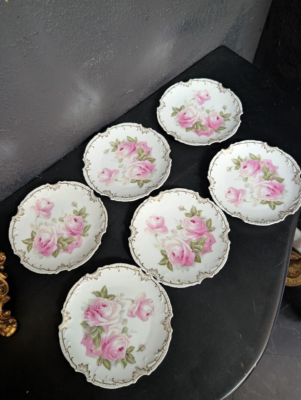Antique, set of 6, Z S & Co Bavaria Pink Roses Marseille Handpainted Salad Plate